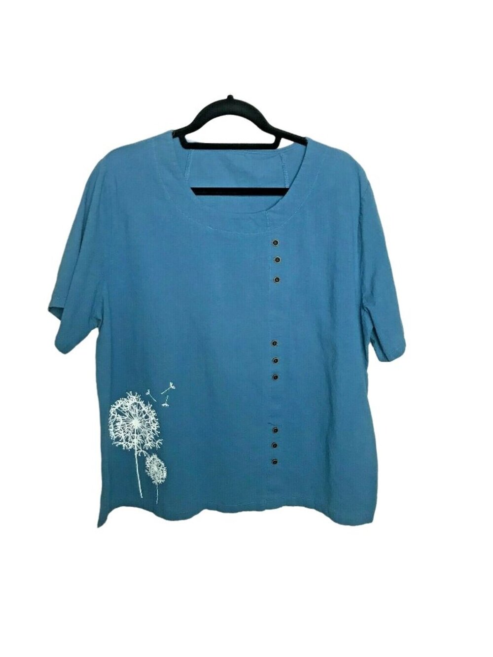 Blue Women’s Plus Top With White Dandelion Graphic Buttons 4X Cotton Relaxed
